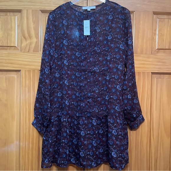 Loft Burgundy/Blue Long Sleeve Dress Size XS NWT